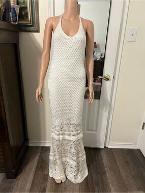VENUS | Dresses | Venus Cream Crochet Open Knit Lace Up Boho Maxi Dress L